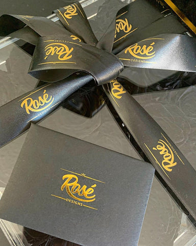 Rosé Designs black and gold ribbon and card