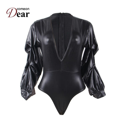 Comeondear Womens Rompers Jumpsuit Deep V Collar Bubble Sleeve Faux Leather Black Bodysuit Fitness Plus Size Rompers RK80605