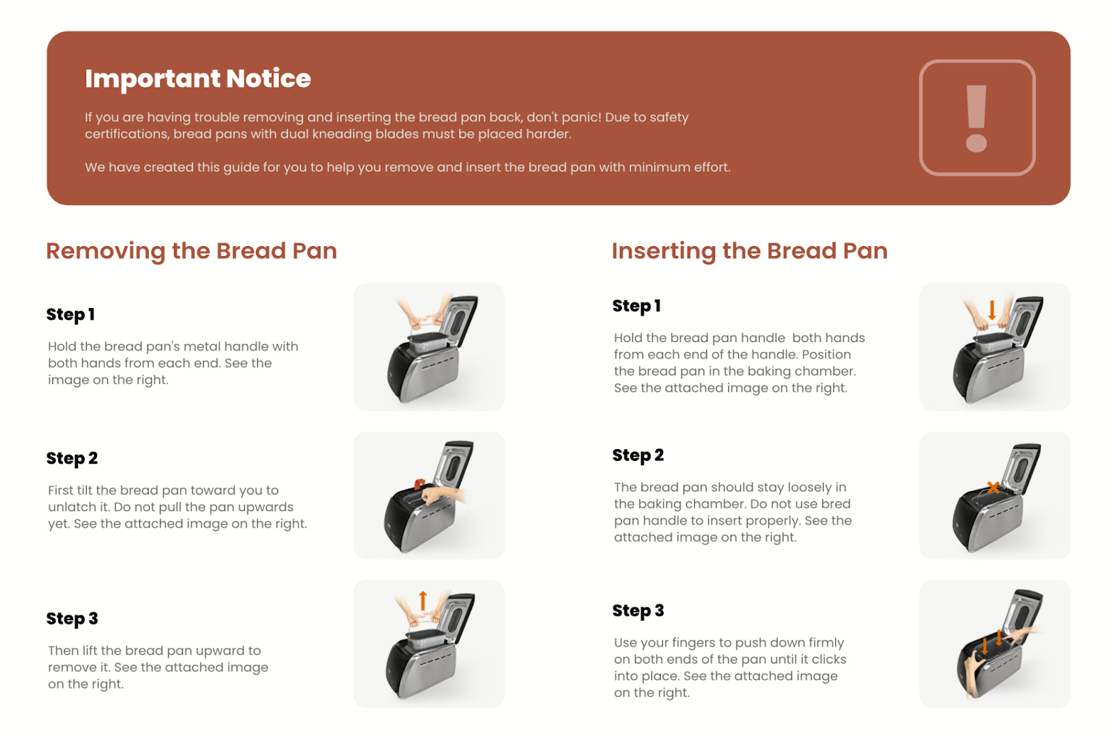 Esta imagen muestra cómo insertar y retirar el recipiente para pan SAKI Bread Maker.