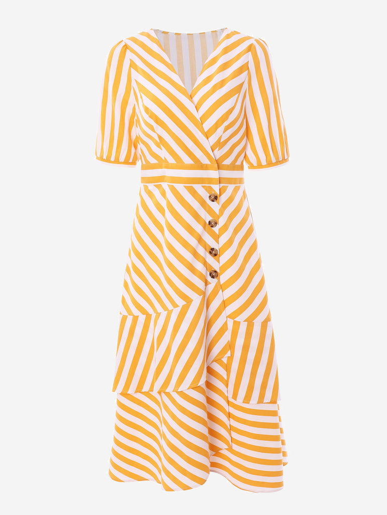 Wrap Midi Dress In Yellow Stripe– Mint 