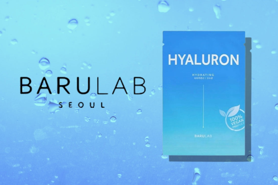 BARULAB - The Clean Vegan Mask Hyaluron (shown on a blue background with water droplets and the BARULAB logo)