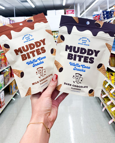 Muddy Bites waffle cone snacks in a retail store aisle