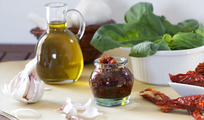 Mediterranean olive oil, sun-dried tomatoes, and leafy greens