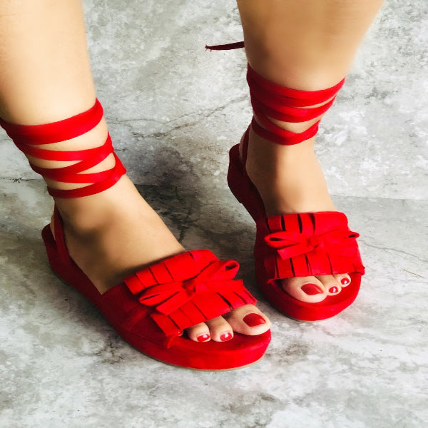 red fringe sandals