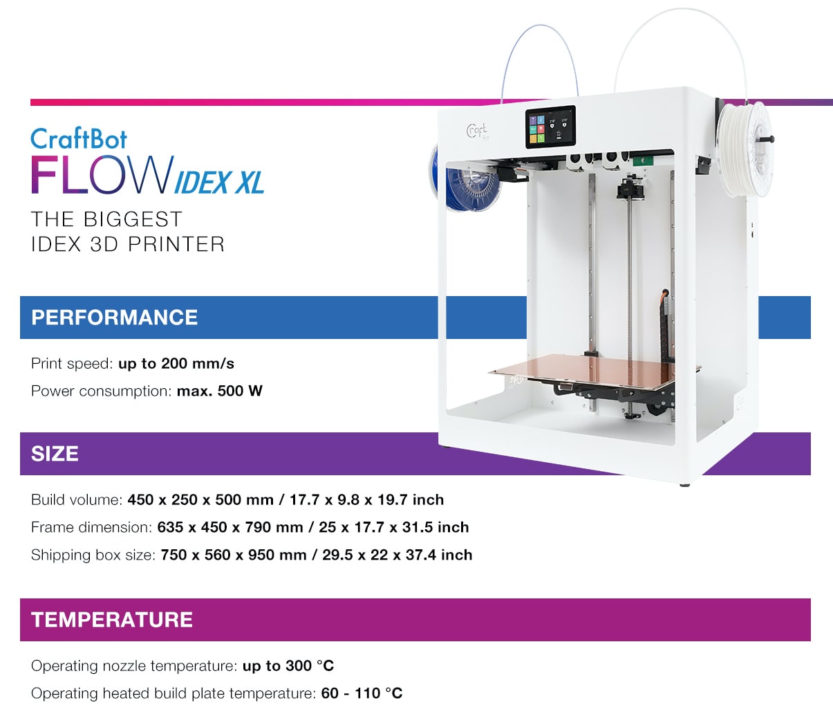 CraftBot FLOW IDEX XL Dual Extruder 3D Printer