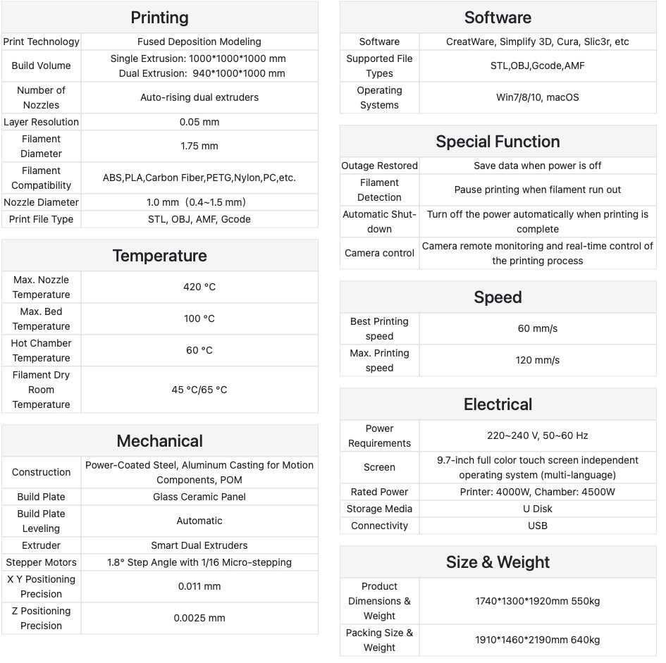 CreatBot_F1000_3D_Printer_Specifications