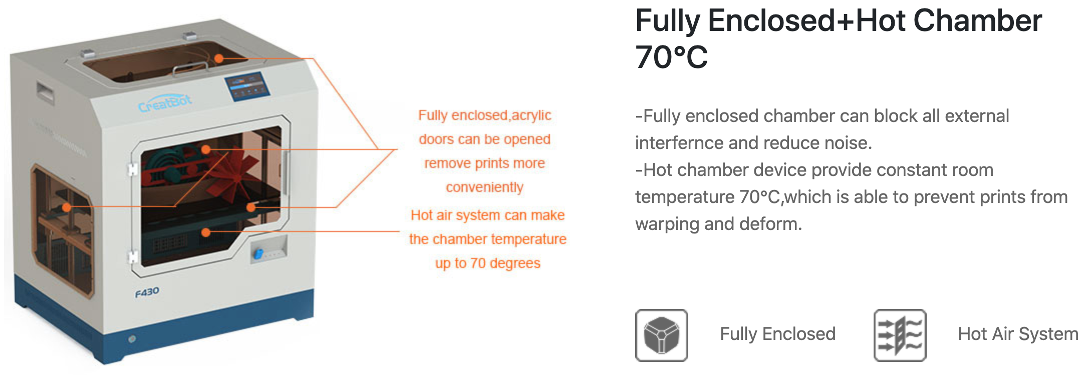 CreatBot F430 Fully Enclosed with Hot Chamber 70°C 3D Printer