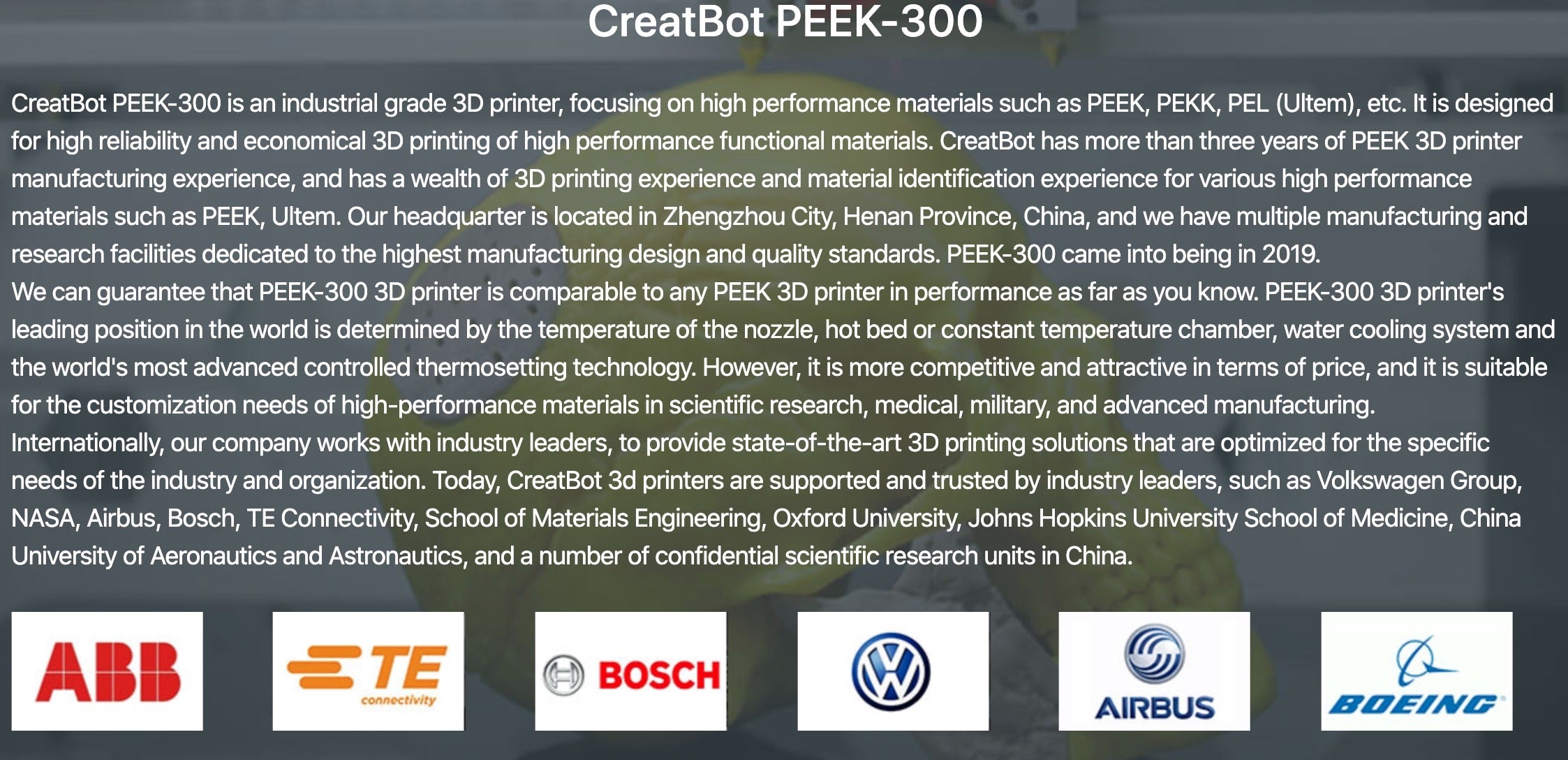 CreatBot PEEK-300 Ultra High-Temperature PEEK ULTEM 3D Printer Description 4