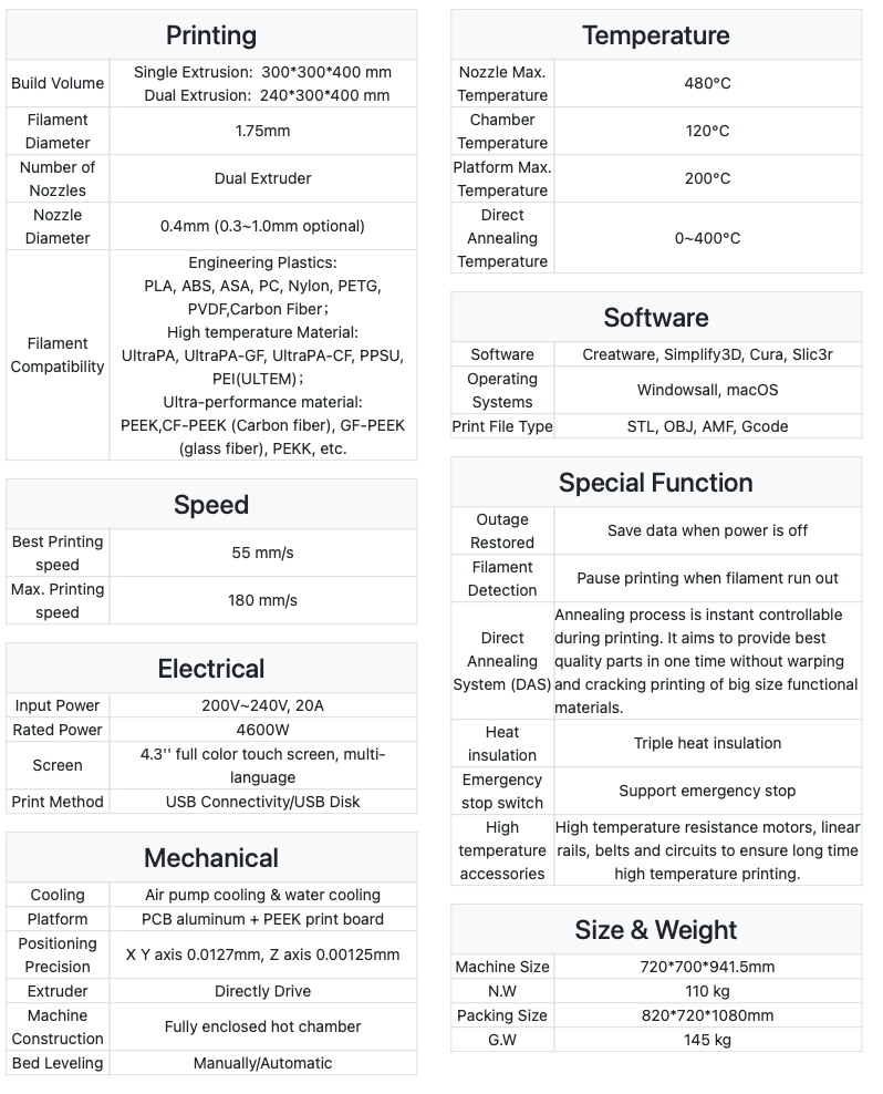 CreatBot_PEEK-300_3D_Printer_Specifications