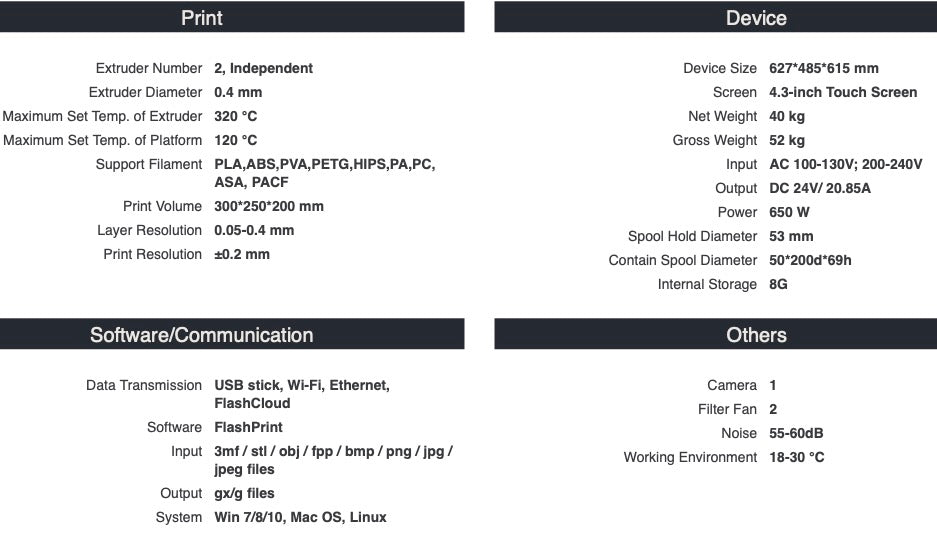 Flashforge_Creator3_Pro_3D_Printer_Specs