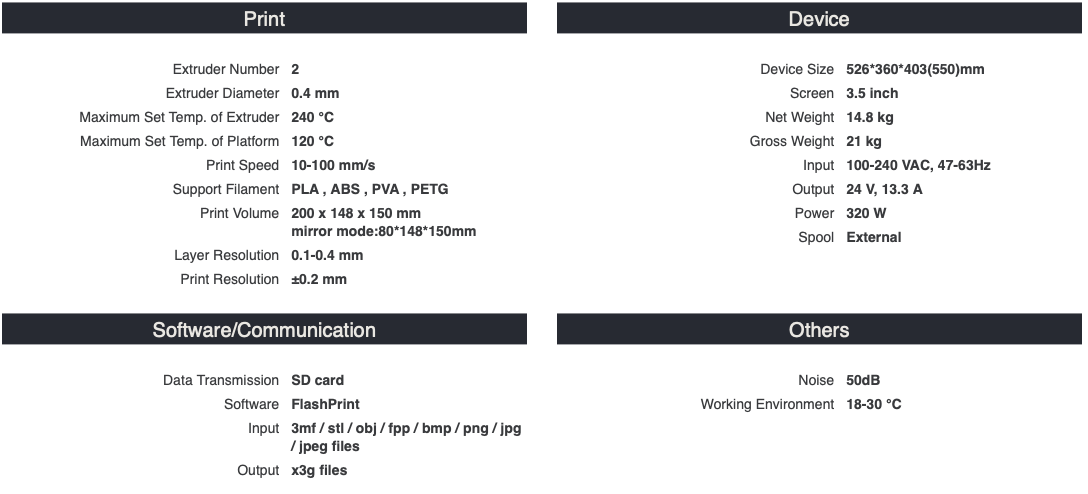 Flashforge_Creator_Pro_2_3D_Printer_Specifications