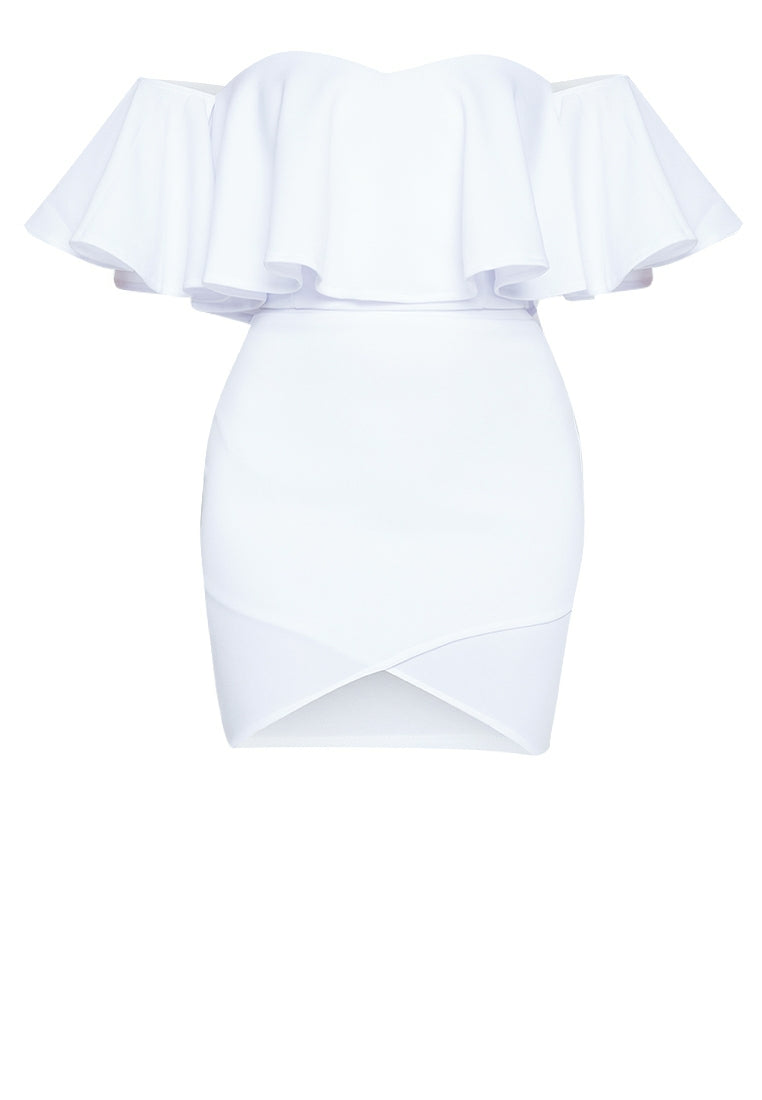 Off-the-Shoulder Frill Wrap Mini Set in White – Heather Clothing