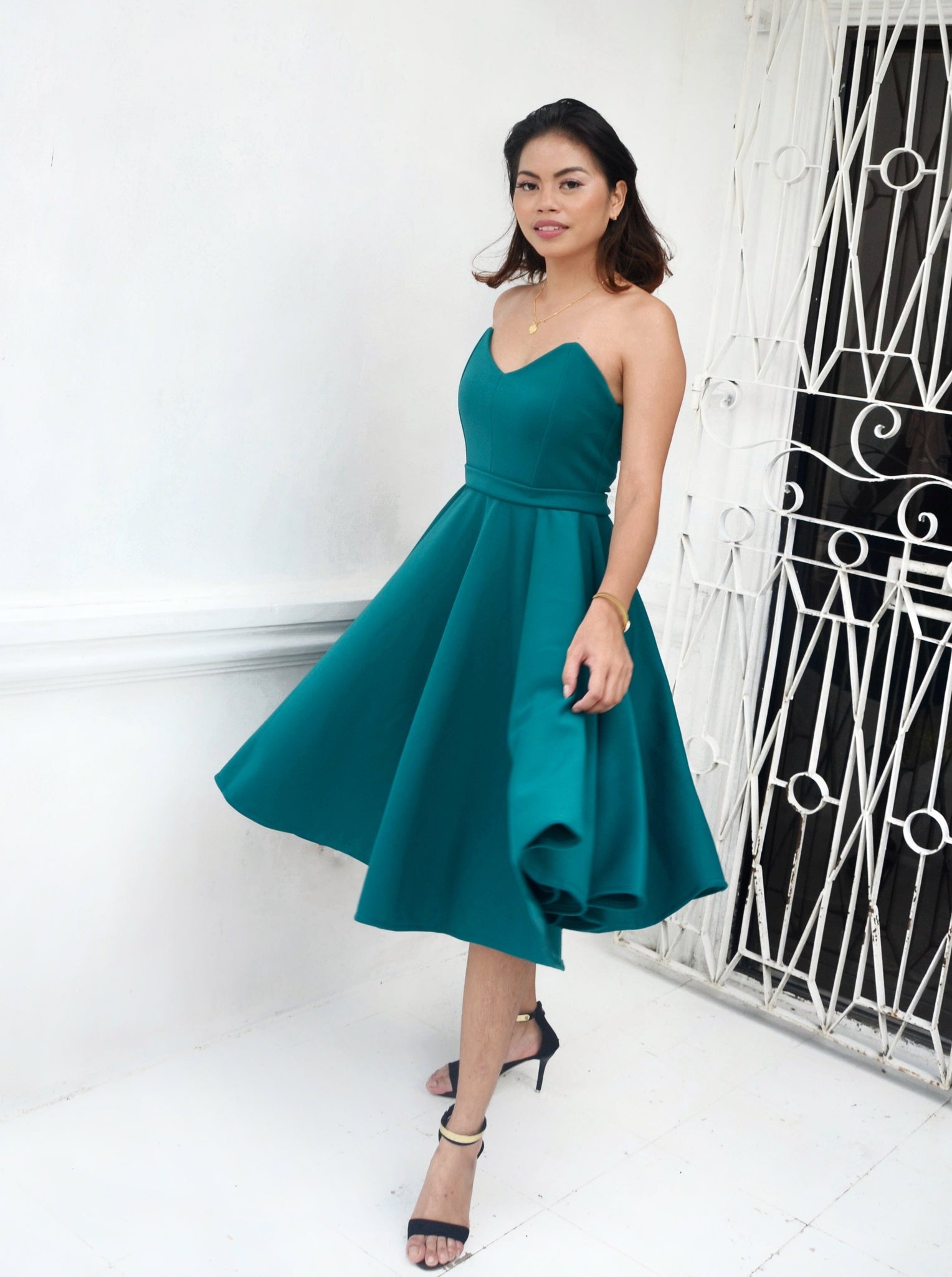 teal tea length dress