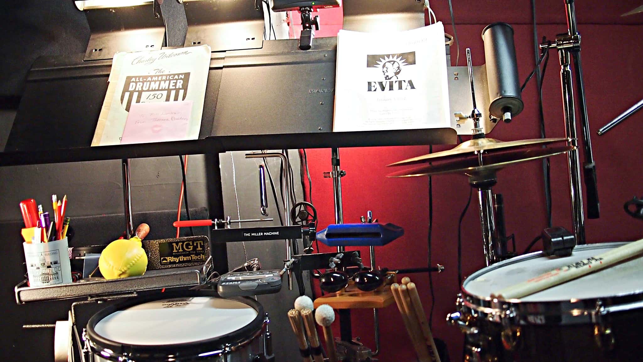 Bill Lanham's drum set setup for the Broadway Revival of Evita at the Marquis Theatre.