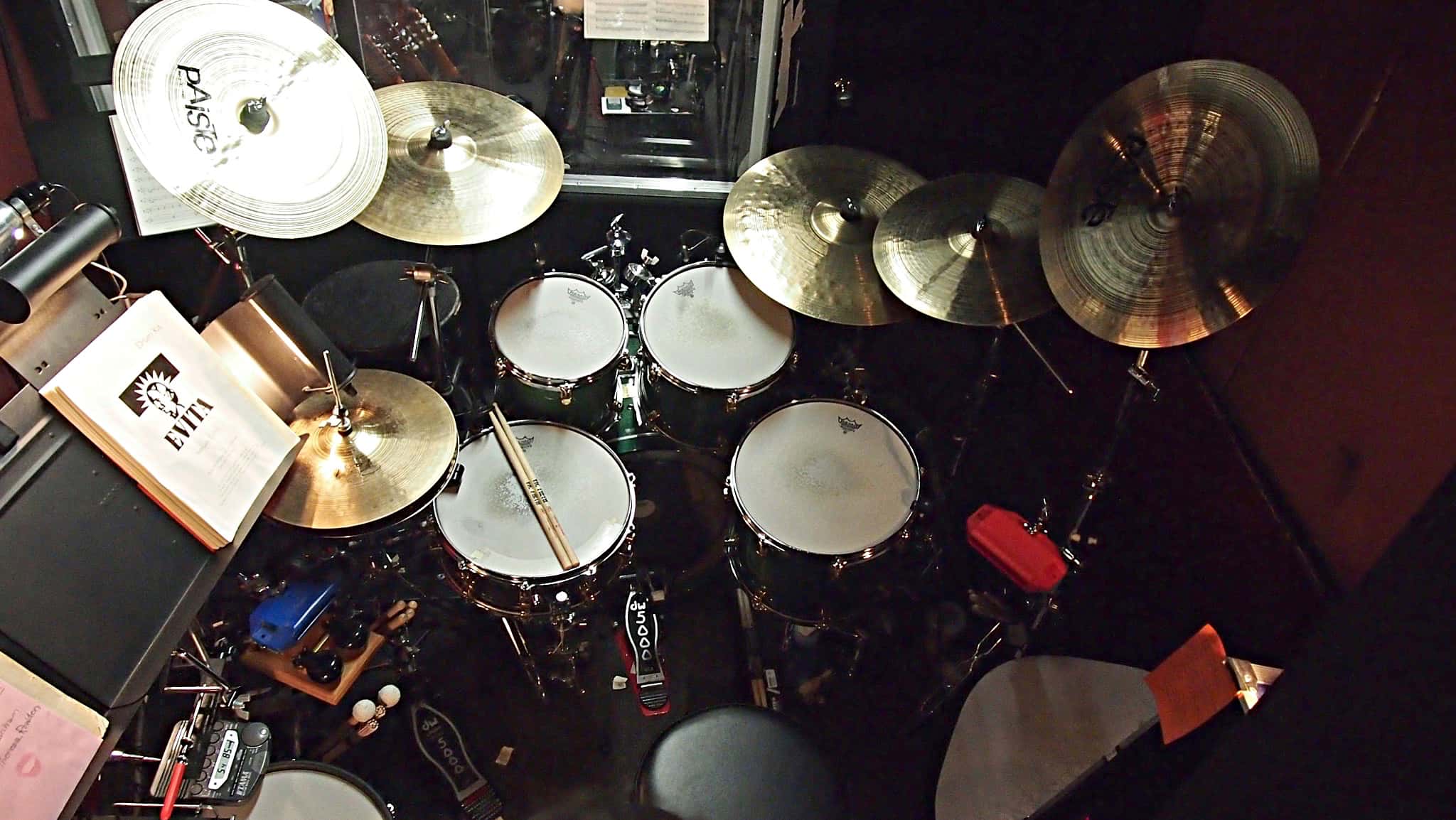 Bill Lanham's drum set setup for the Broadway Revival of Evita at the Marquis Theatre.