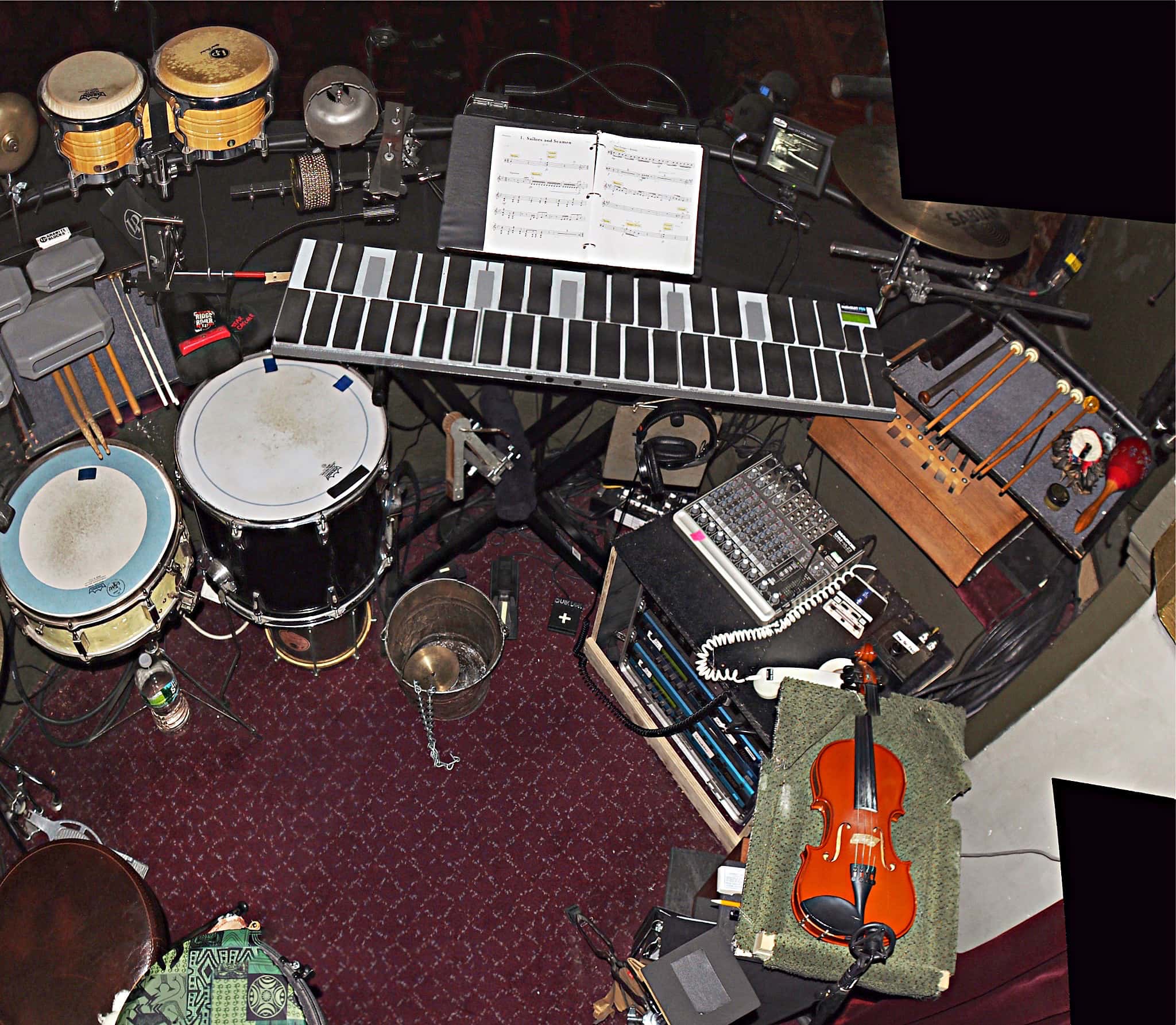 Deane Prouty's setup for the Broadway production of Peter and the Starcatcher at the Brooks Atkinson Theatre.