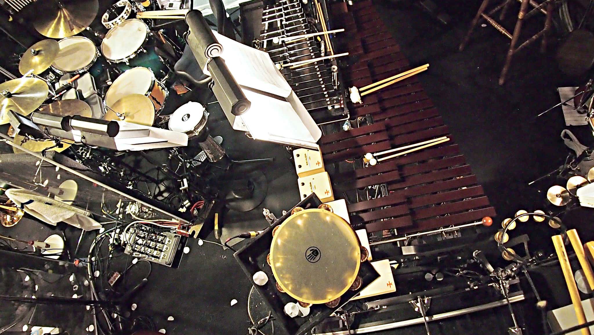 Bill Hayes' percussion setup for the Broadway production of Cinderella at the Broadway Theatre.