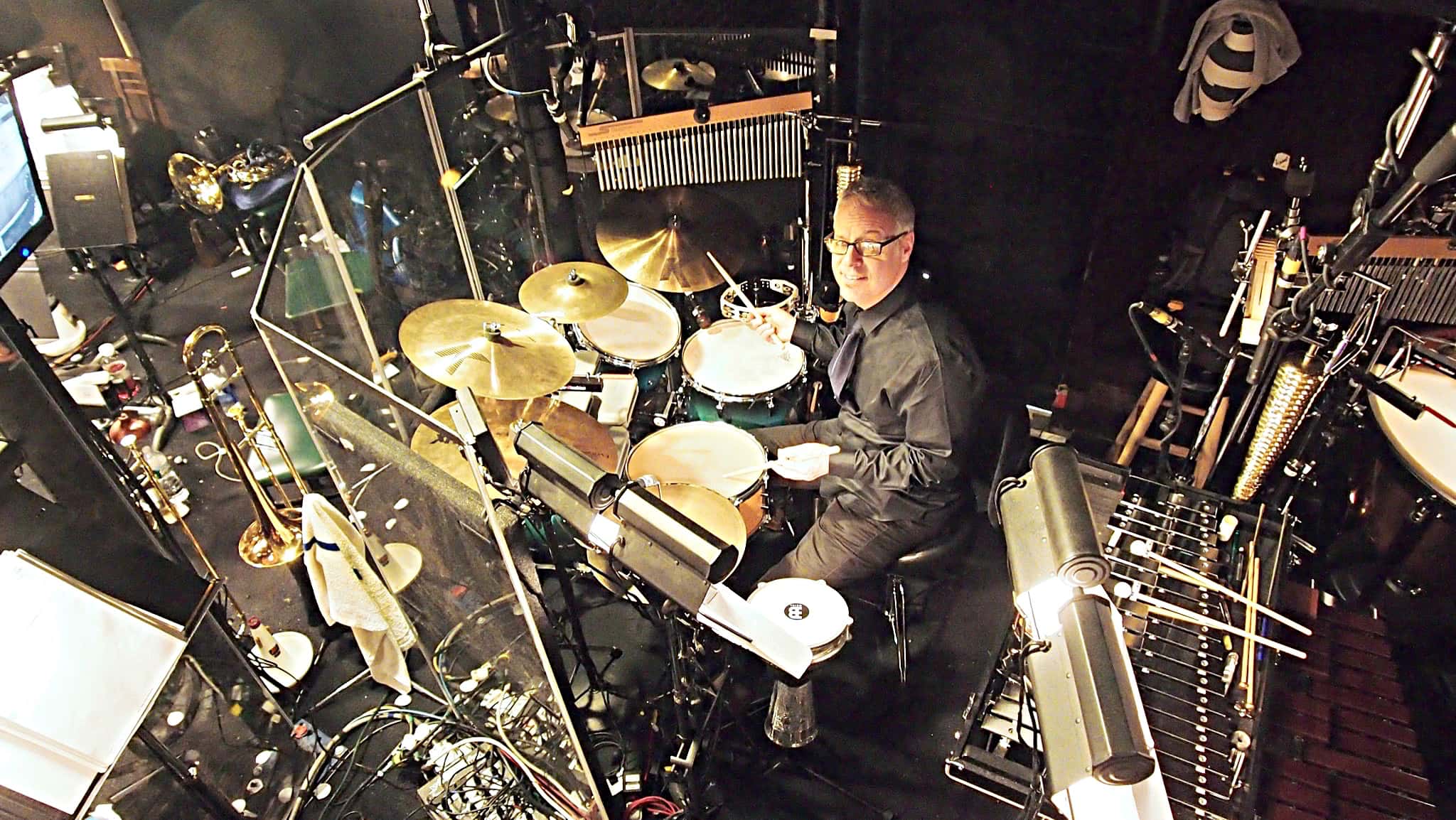 Rich Rosenzweig's drum set setup for the Broadway production of Cinderella at the Broadway Theatre.