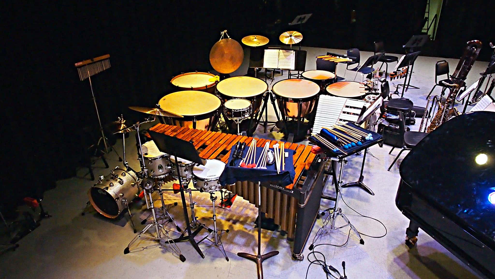Greg Landes’ setup for the Pit Stop Players’ concert at Symphony Space in New York City.