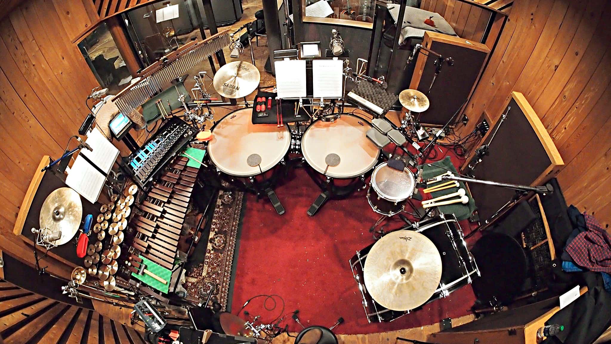 Billy Miller's percussion setup for the Broadway Cast Album of Big Fish at Avatar Studios in New York City.