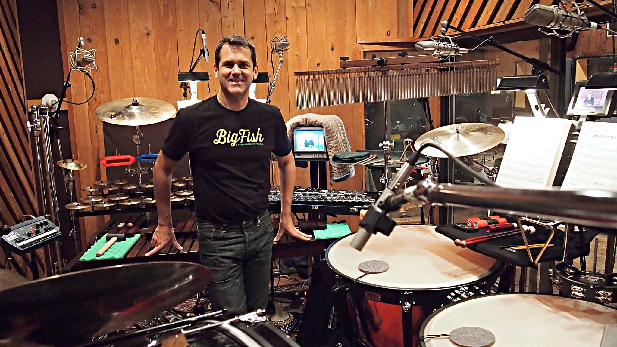 Billy Miller's percussion setup for the Broadway Cast Album of Big Fish at Avatar Studios in New York City.