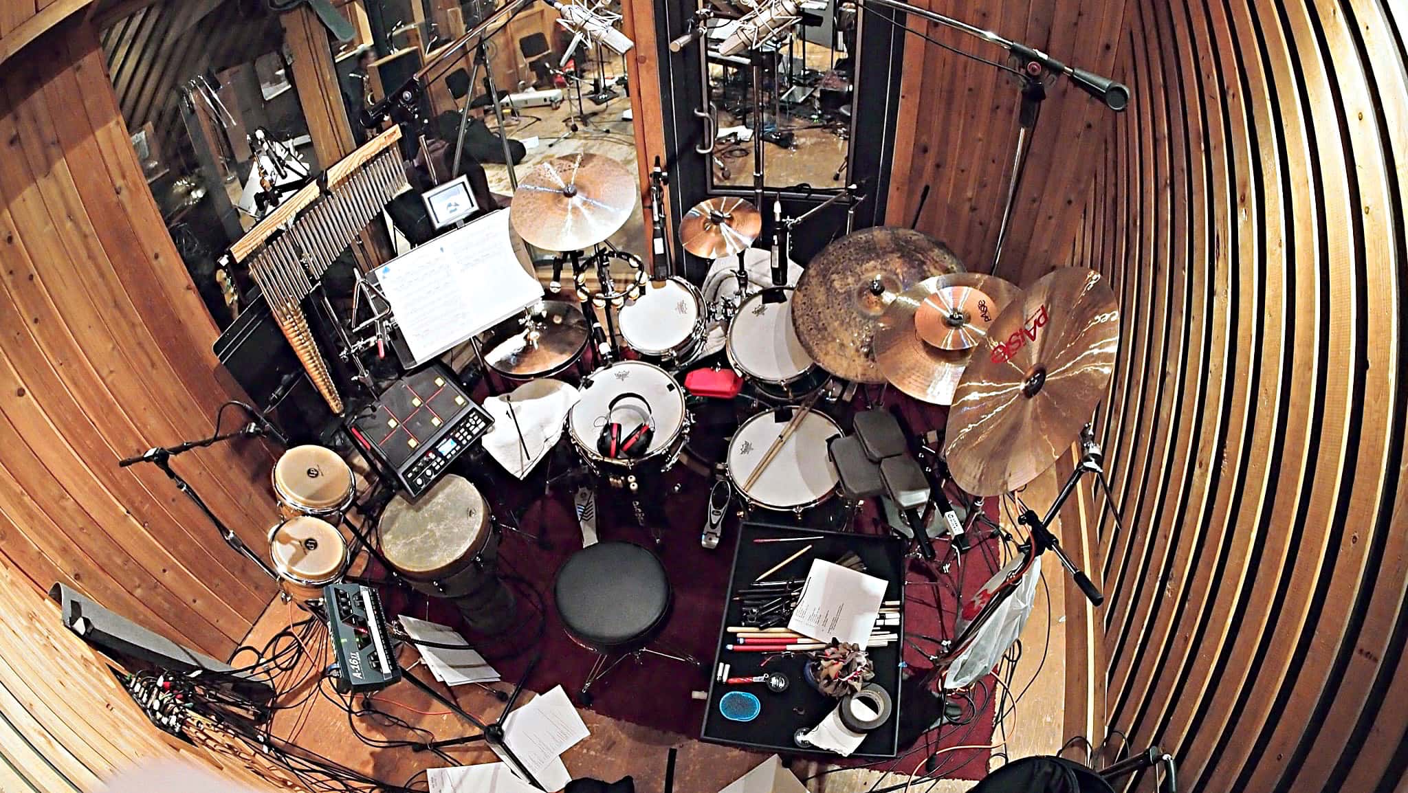 Perry Cavari's drum set setup for the cast recording of Big Fish at MSR Studios in New York City.