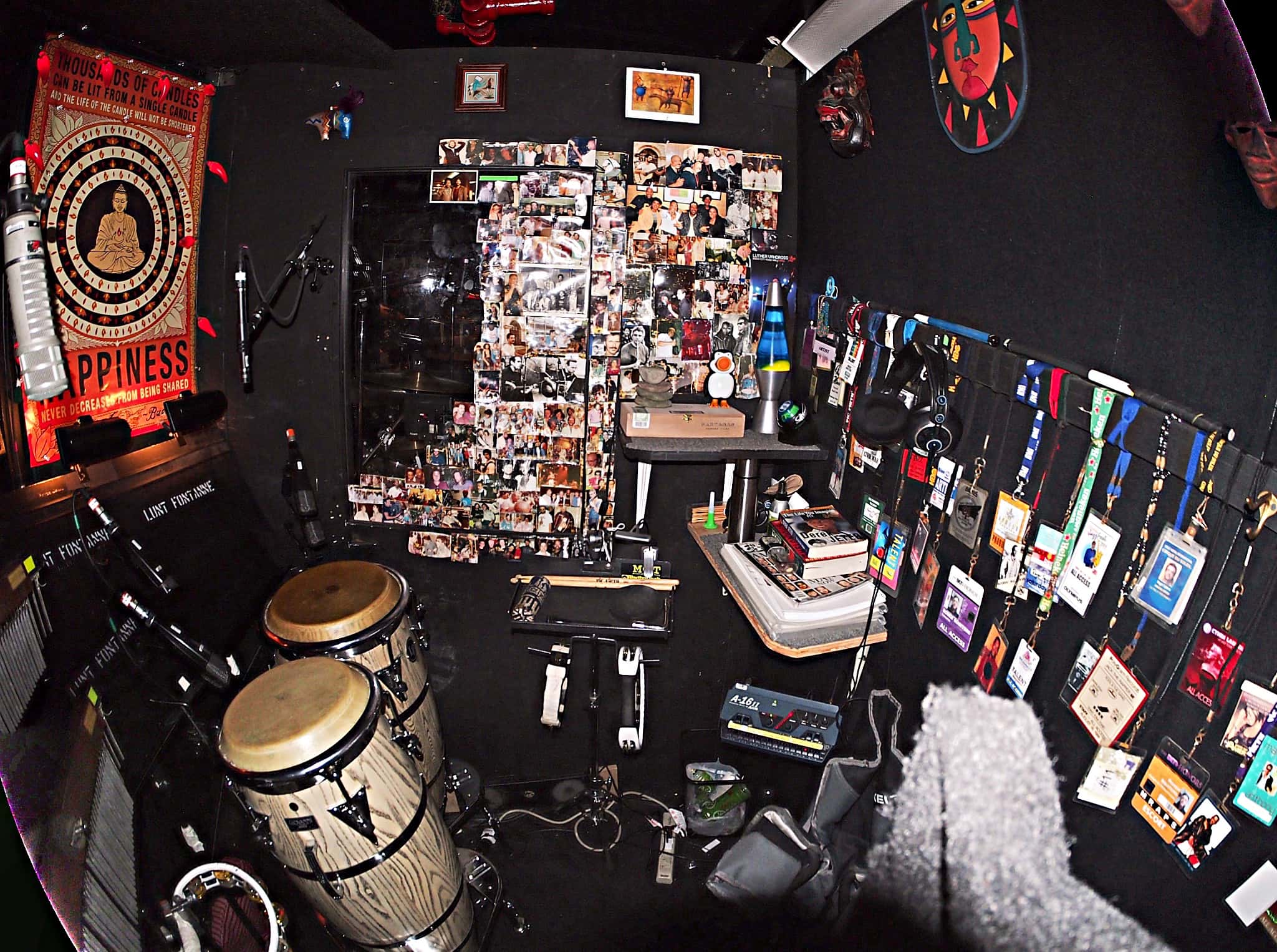 Roger Squitero's hand drum setup for the Broadway production of Motown at the Lunt-Fontanne Theatre.