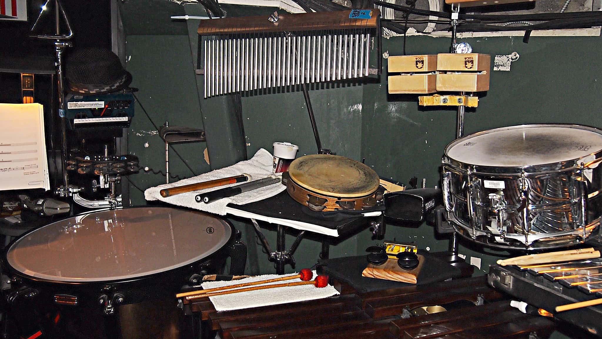 Mike Englander’s percussion setup for the Broadway production of Aladdin at the New Amsterdam Theatre.