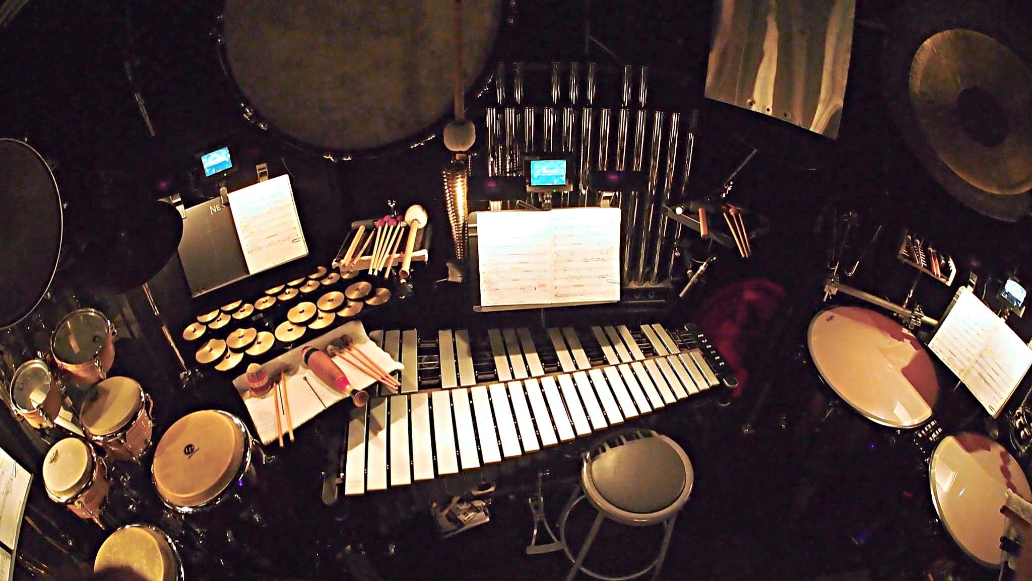 Mike Englander’s percussion setup for the Broadway production of Aladdin at the New Amsterdam Theatre.