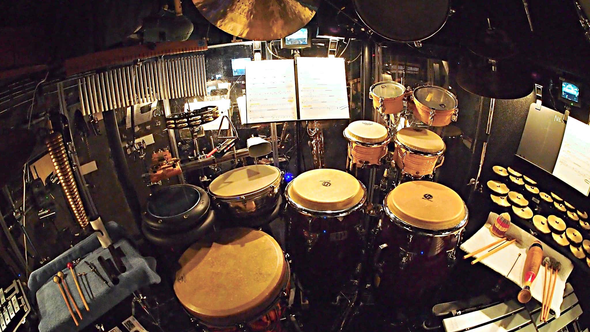 Mike Englander’s percussion setup for the Broadway production of Aladdin at the New Amsterdam Theatre.