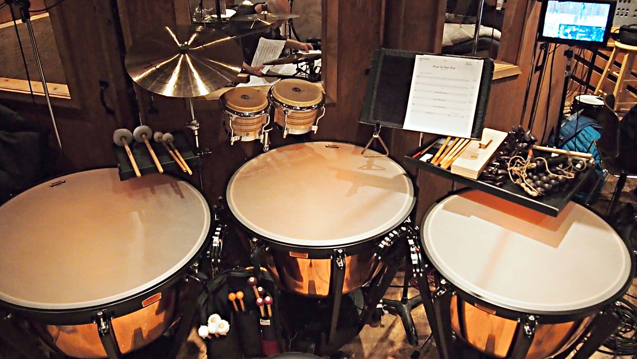 Bill Hayes' percussion setup for the recording session of NBC’s Peter Pan Live at Avatar Studios, in New York City.