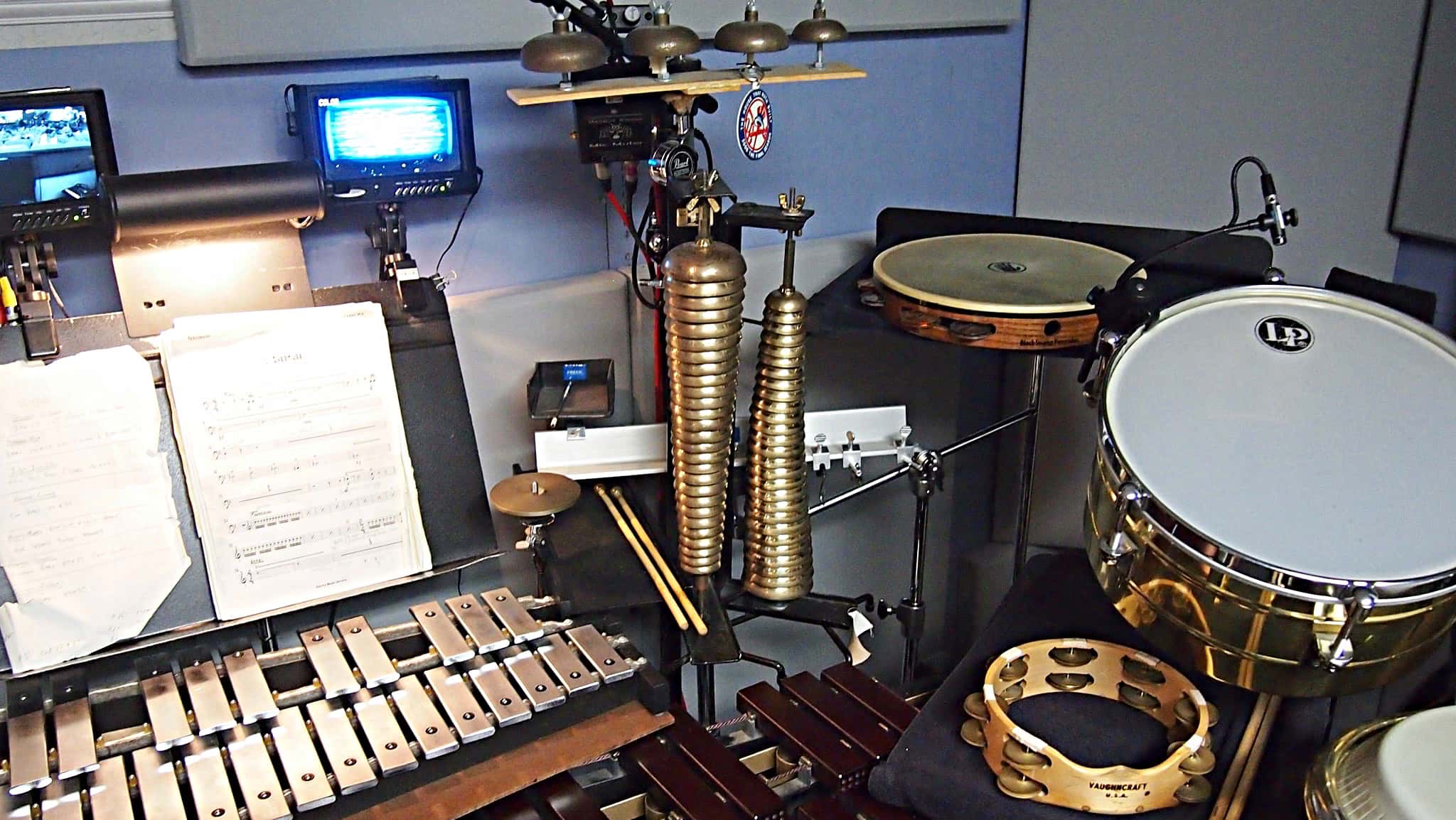 David Nyberg's percussion setup for the Broadway production of Mamma Mia at the Broadhurst Theatre.