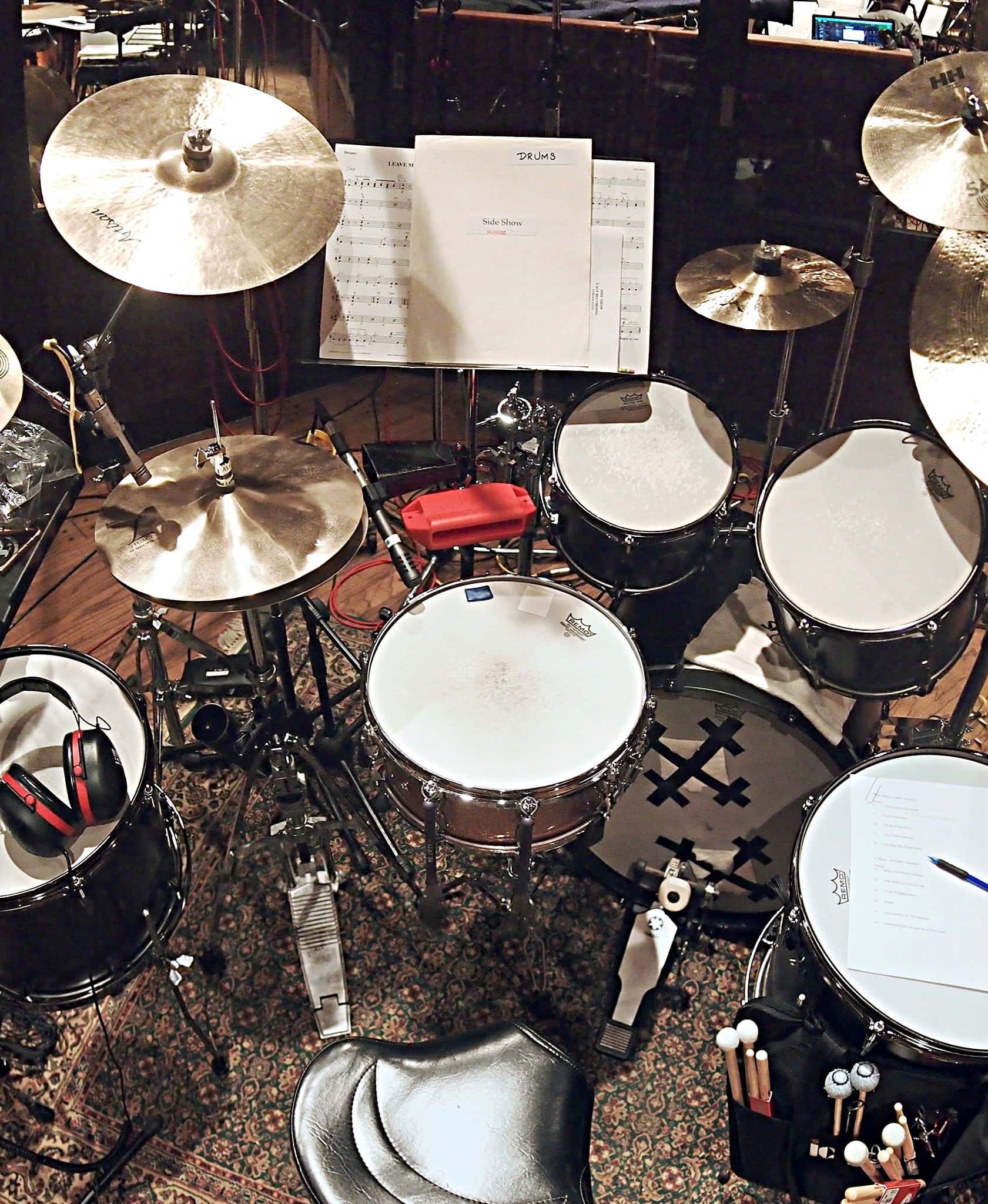 Larry Lelli's drum set setup for the Cast Album Recording at Avatar Studios, New York City, for the Broadway Revival of Side Show.