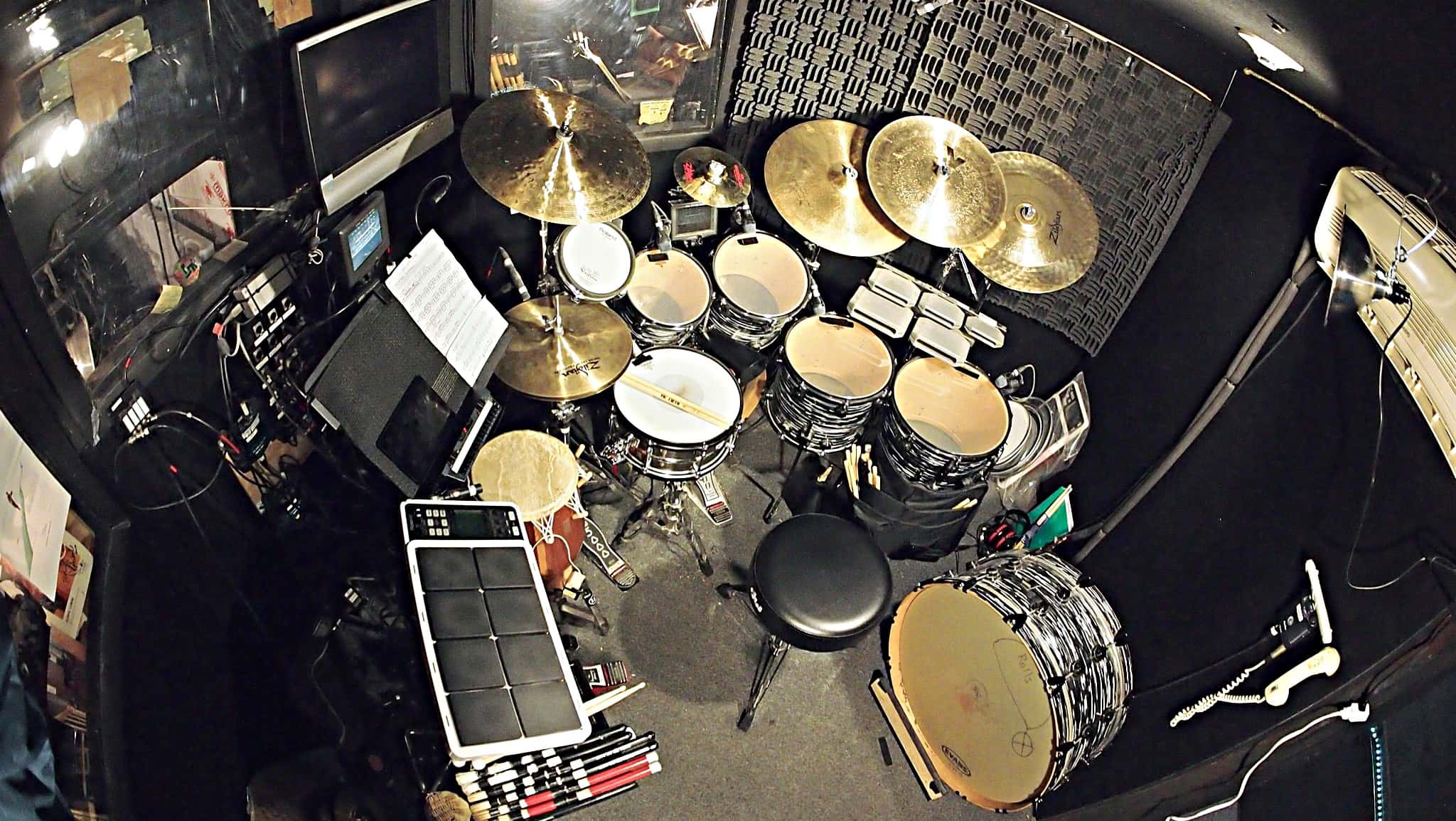 Carter McLean’s drum set setup for the Broadway production of Lion King currently running at the Minskoff Theatre.