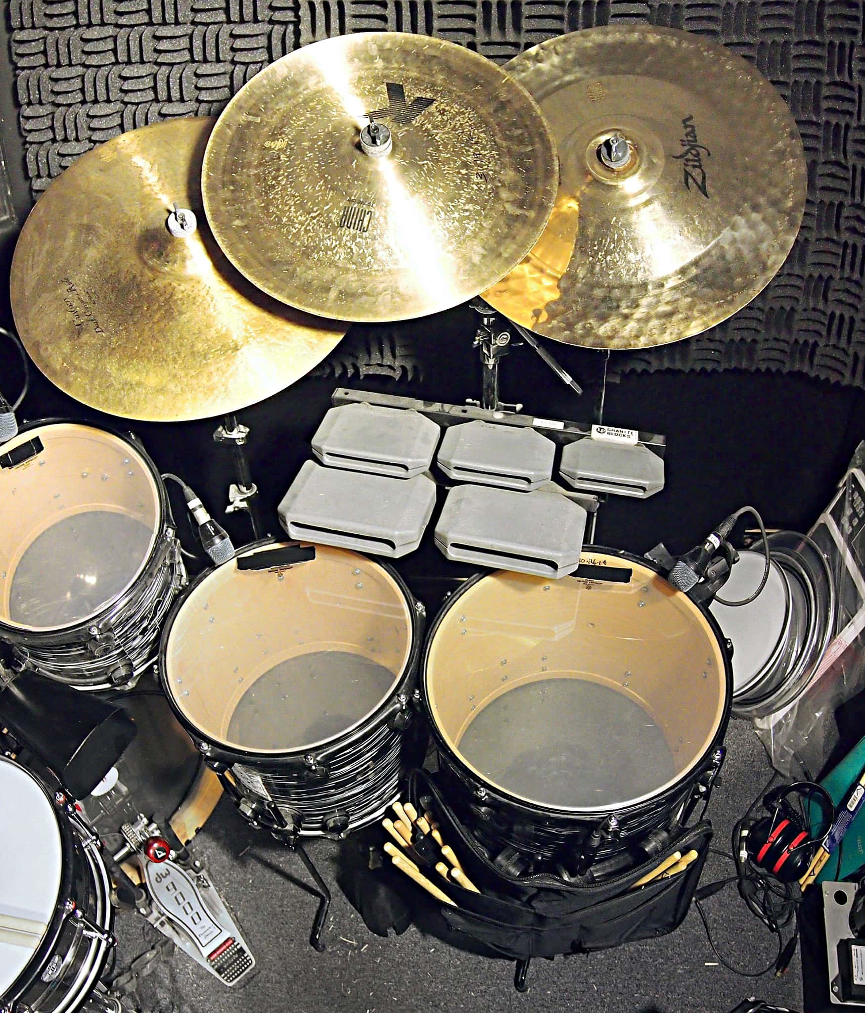 Carter McLean’s drum set setup for the Broadway production of Lion King currently running at the Minskoff Theatre.