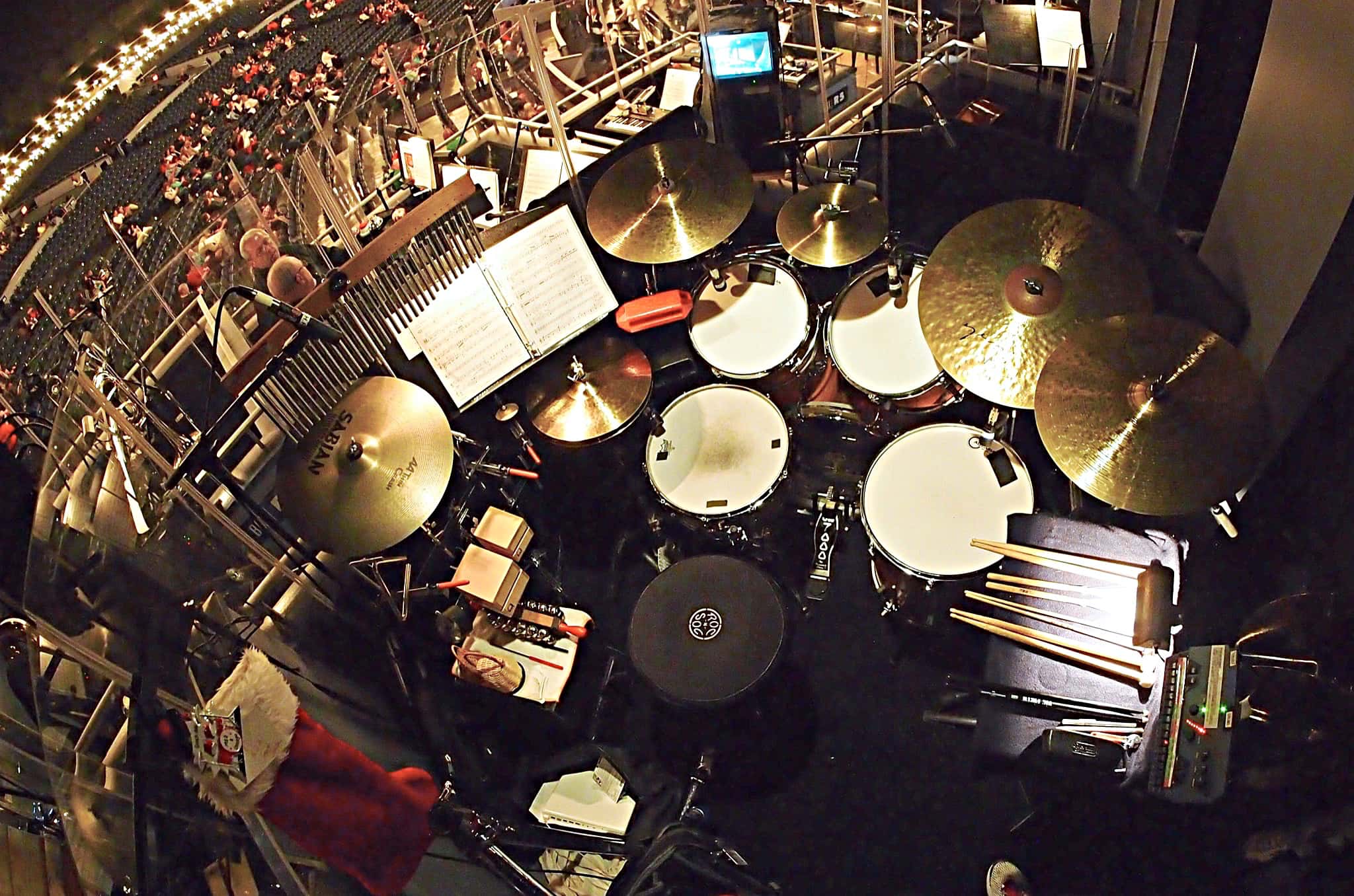 Greg Landes' drum set setup for the Madison Square Garden production of Dr Seuss' How the Grinch Stole Christmas.