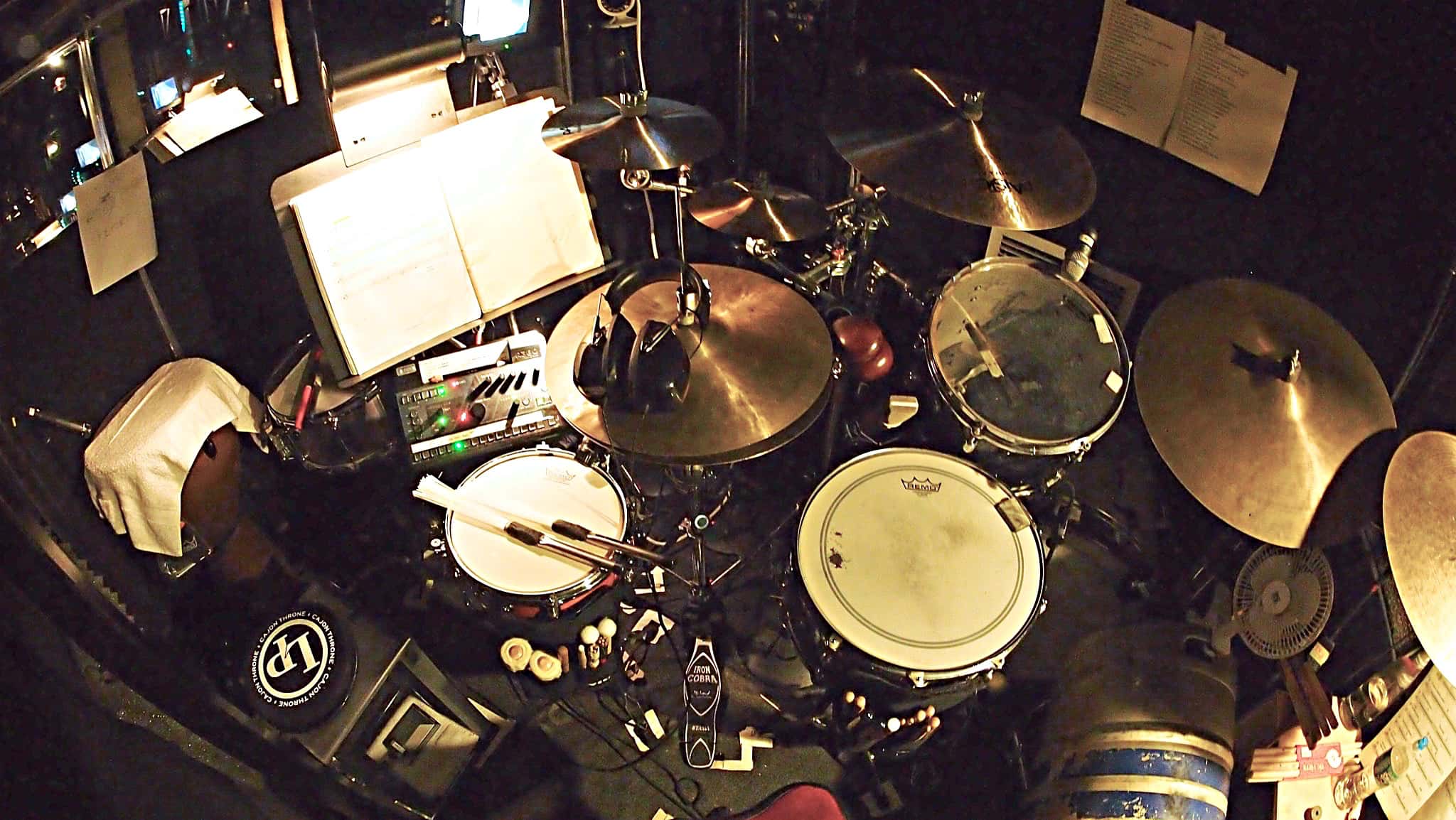 Joe Bonadio's drum set setup for the Broadway production of Sting's The Last Ship at the Neil Simon Theatre.