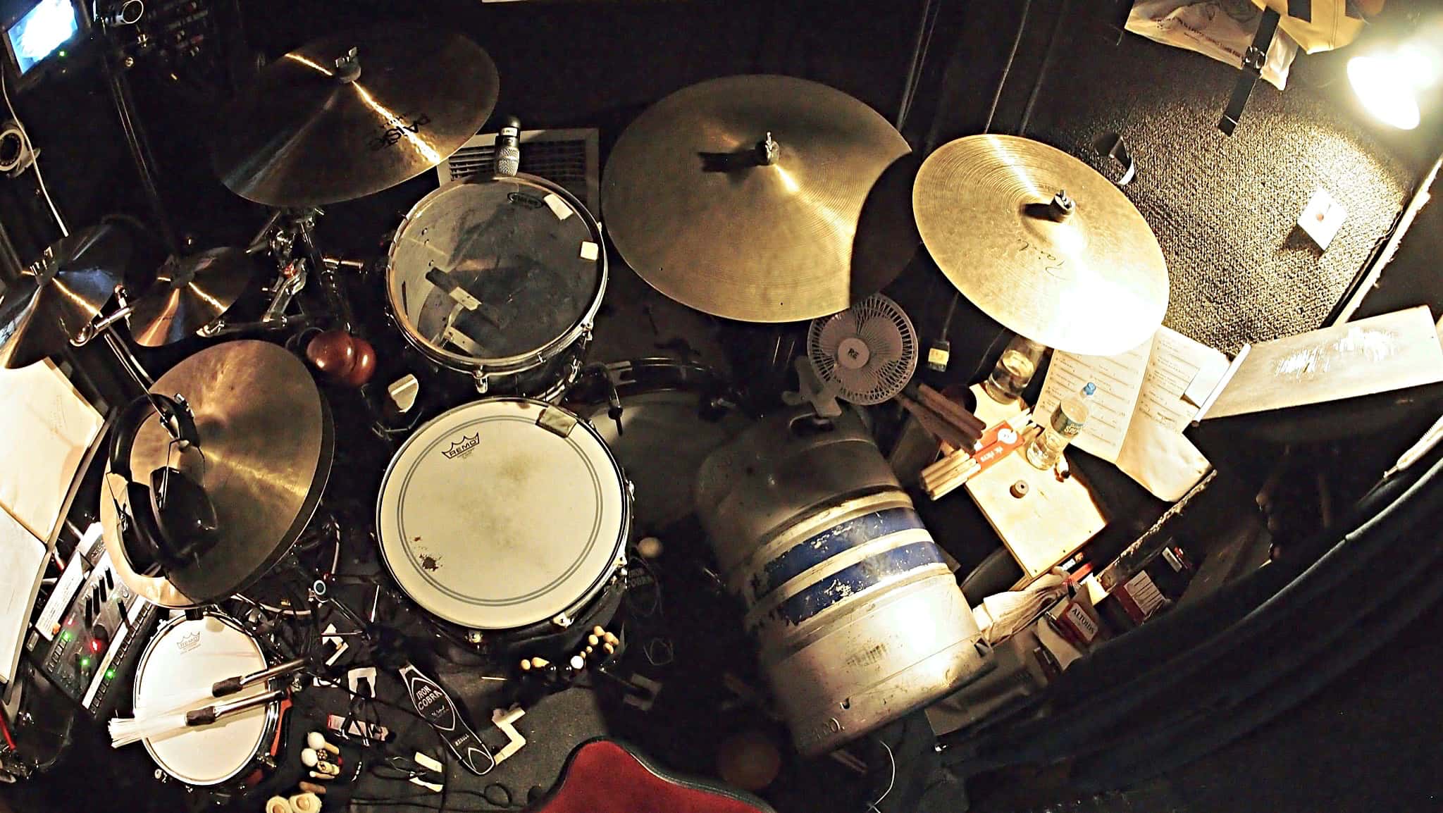 Joe Bonadio's drum set setup for the Broadway production of Sting's The Last Ship at the Neil Simon Theatre.