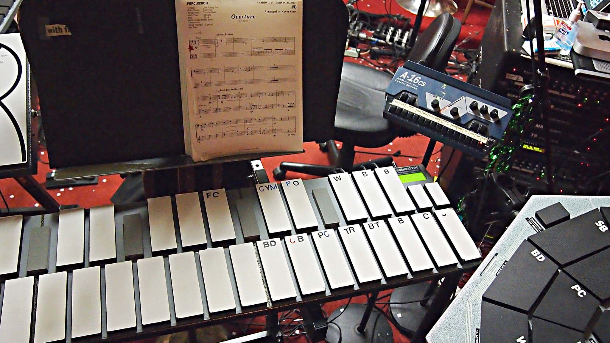 Mario DeCiutiis, Dave Roth, and Matt Beaumont’s percussion setup for the Radio City Christmas Spectacular in New York City.