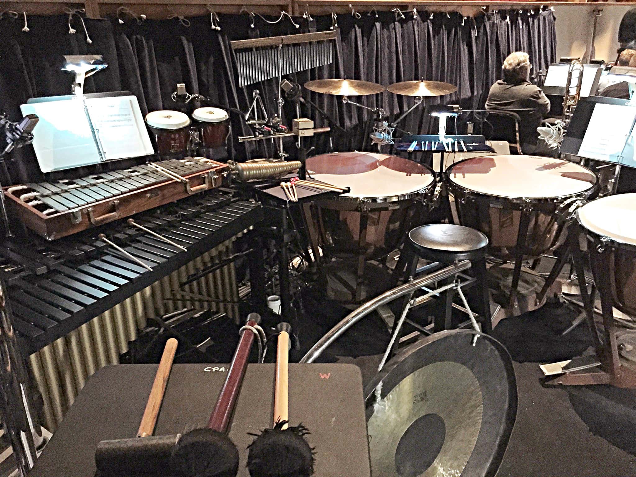 Jaren Angud's percussion setup for Les Miserables at the Eisenhower Auditorium at Penn State University in University Park, Pennsylvania.