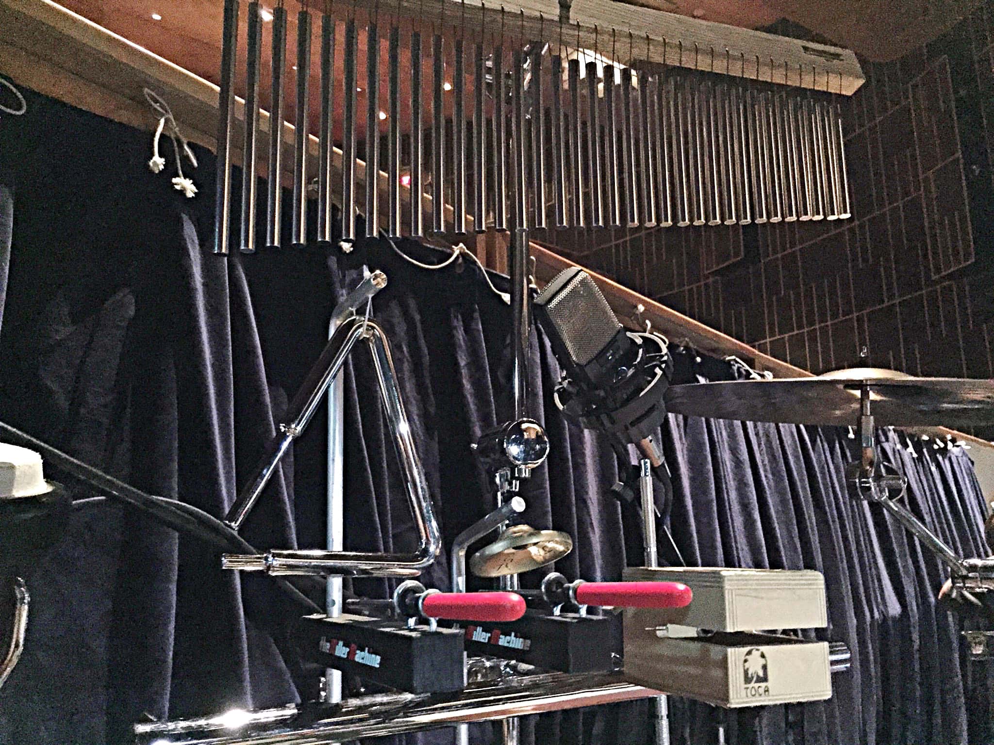 Jaren Angud's percussion setup for Les Miserables at the Eisenhower Auditorium at Penn State University in University Park, Pennsylvania.