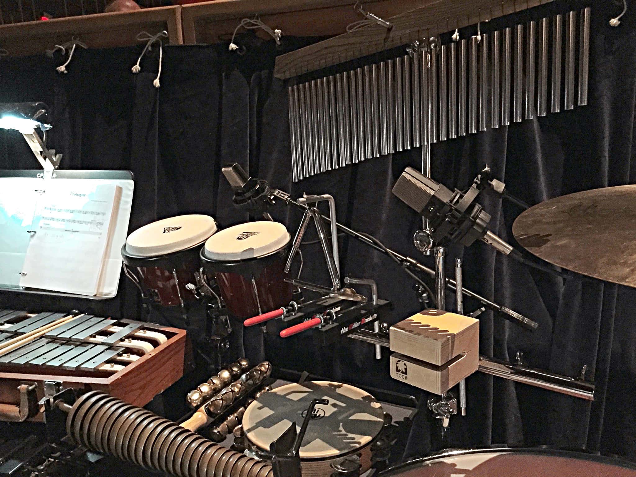 Jaren Angud's percussion setup for Les Miserables at the Eisenhower Auditorium at Penn State University in University Park, Pennsylvania.