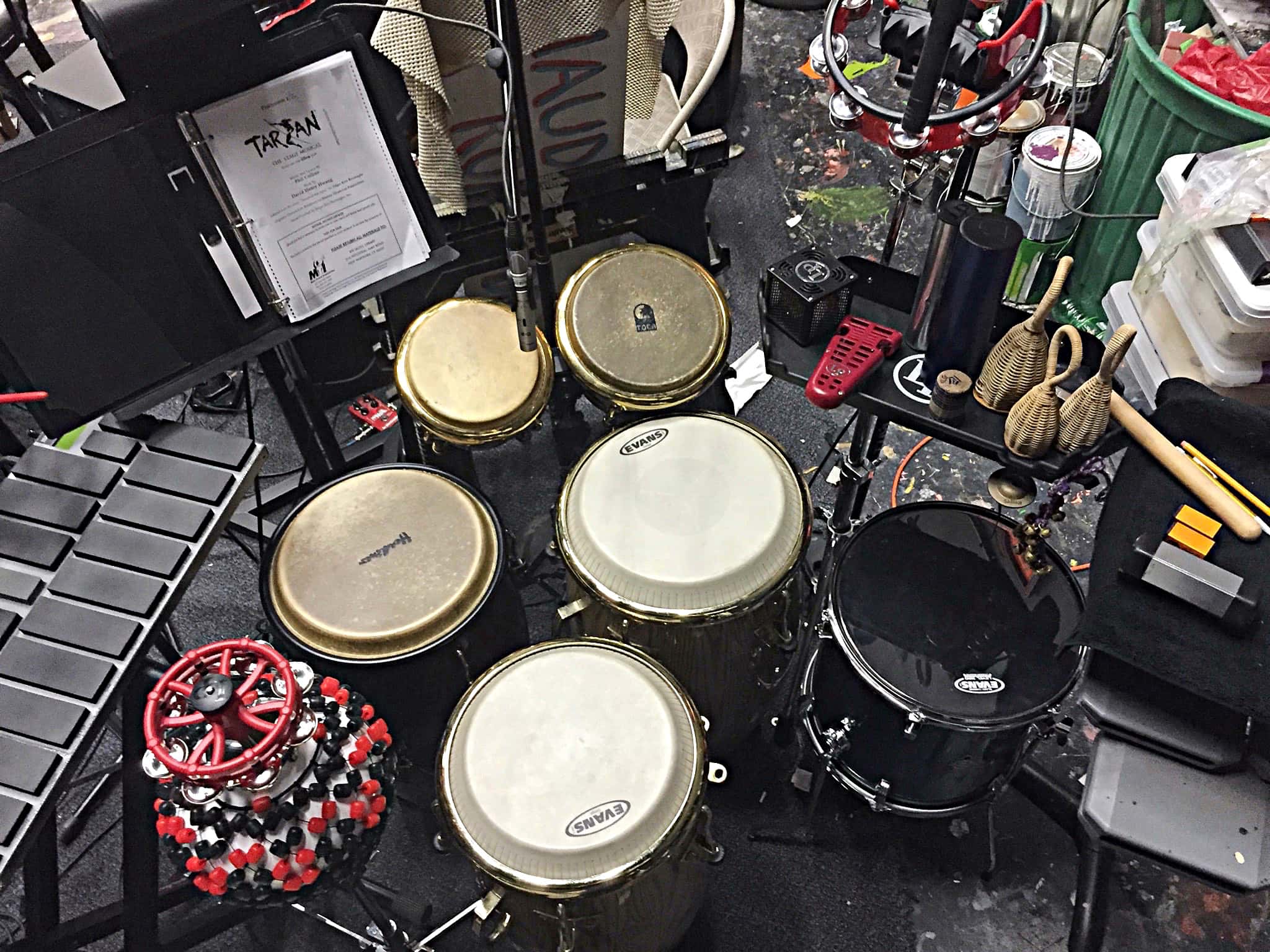 Rob Guilford's combined percussion setup for Tarzan at the White Plains Performing Arts Center in White Plains, New York.