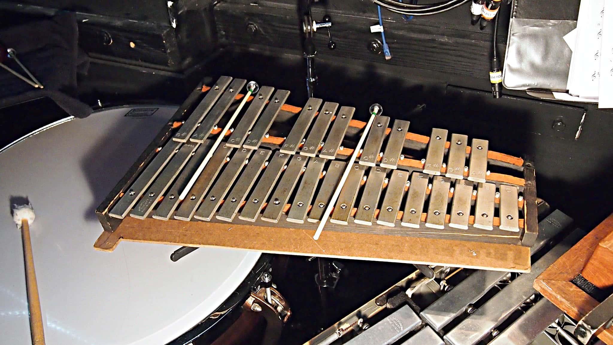 Paul Hansen’s percussion setup for How to Succeed in Business Without Really Trying at the 5th Avenue Theatre in Seattle, Washington.