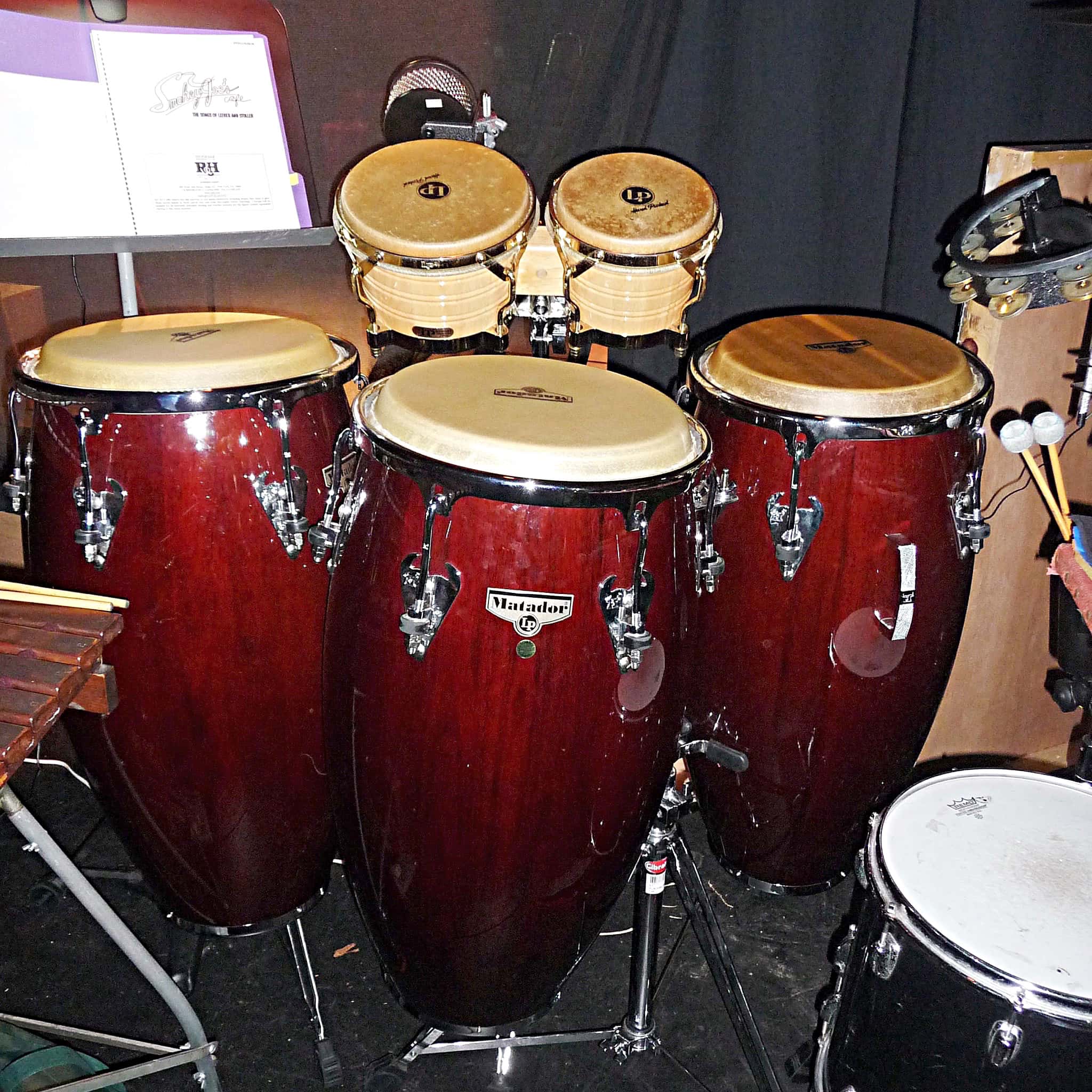 Debbie Minnichelli's percussion setup for Smokey Joe's Cafe at the Stage Door Repertory Theatre in Anaheim, California.