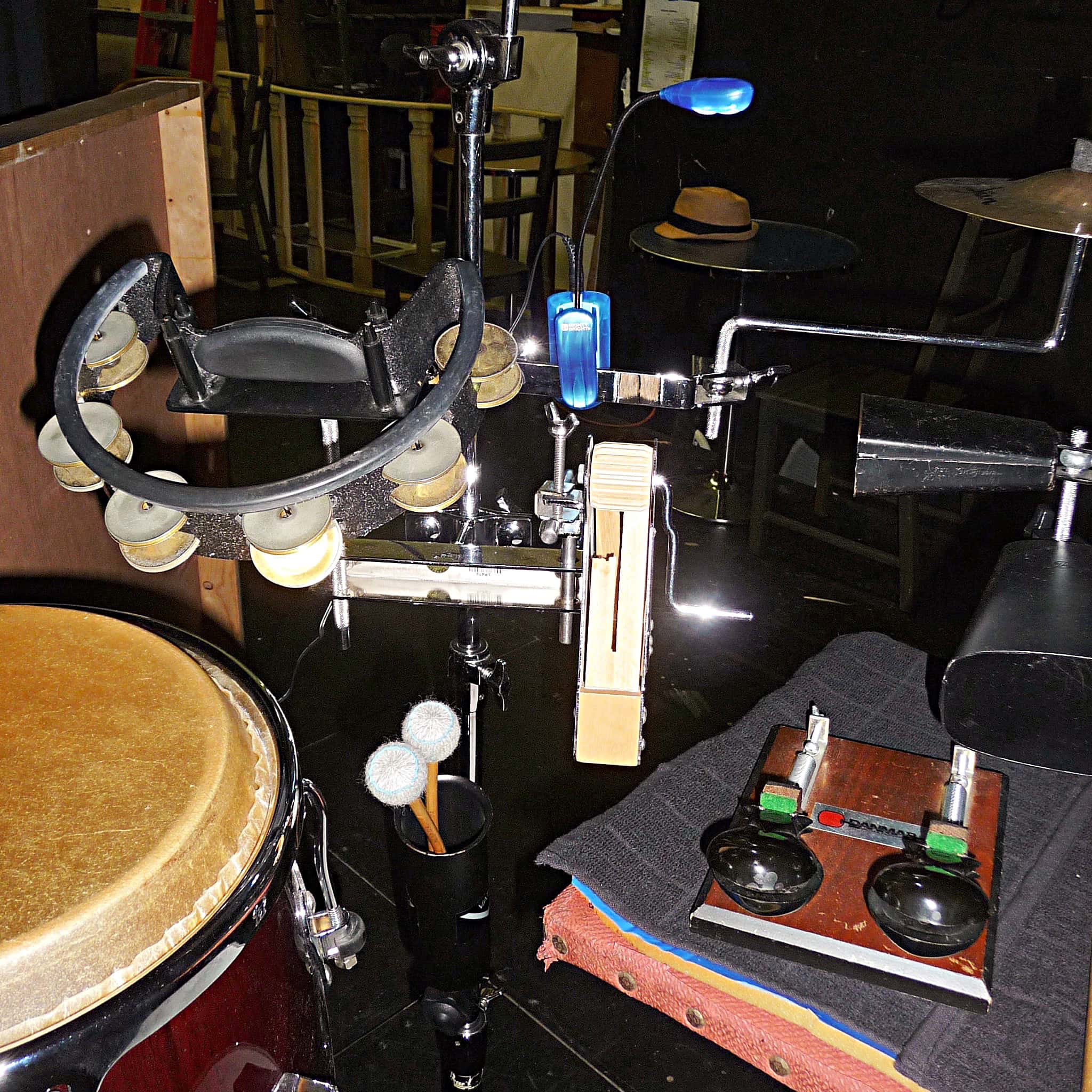 Debbie Minnichelli's percussion setup for Smokey Joe's Cafe at the Stage Door Repertory Theatre in Anaheim, California.