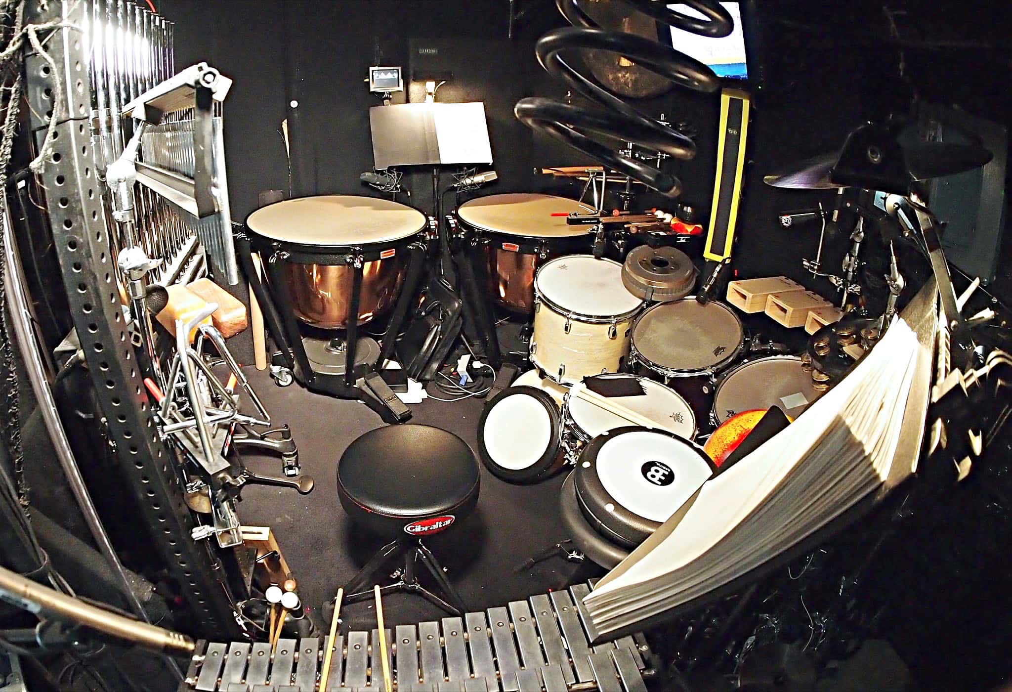 Dave Roth’s percussion setup for the Broadway production of Finding Neverland at the Lunt-Fontanne Theatre.