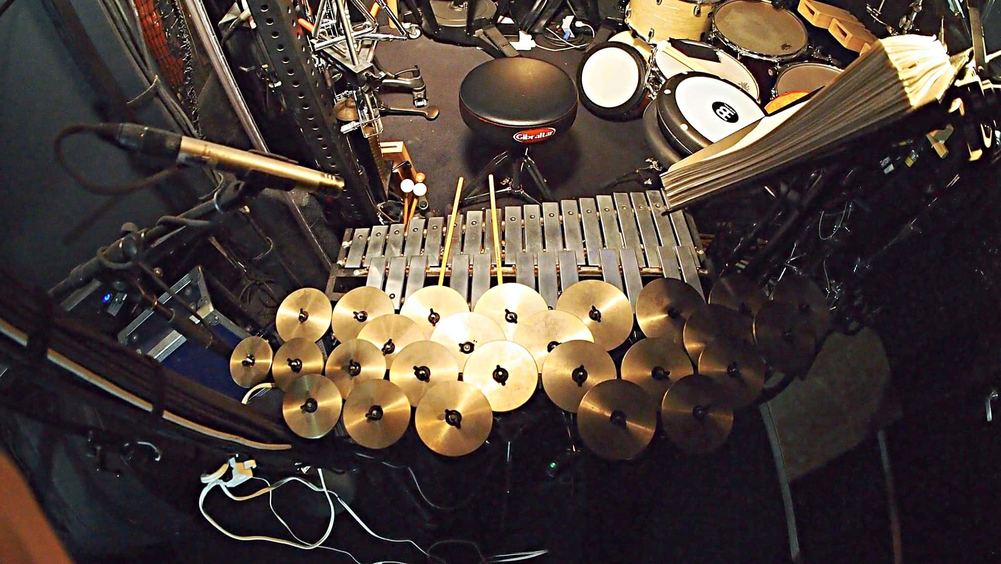 Dave Roth’s percussion setup for the Broadway production of Finding Neverland at the Lunt-Fontanne Theatre.