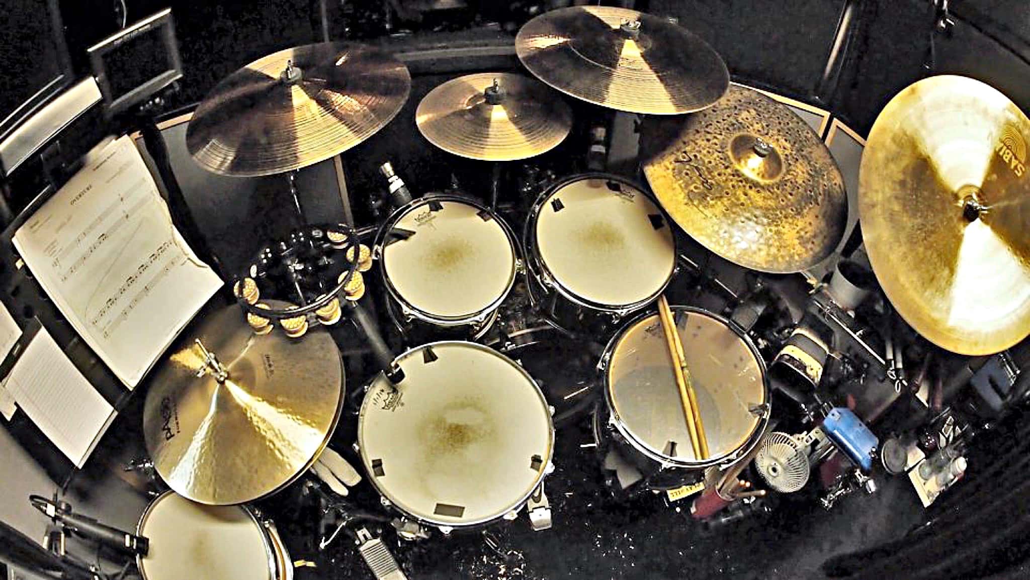 Perry Cavari's drum set setup for the Broadway production of Something Rotten at the St James Theatre.