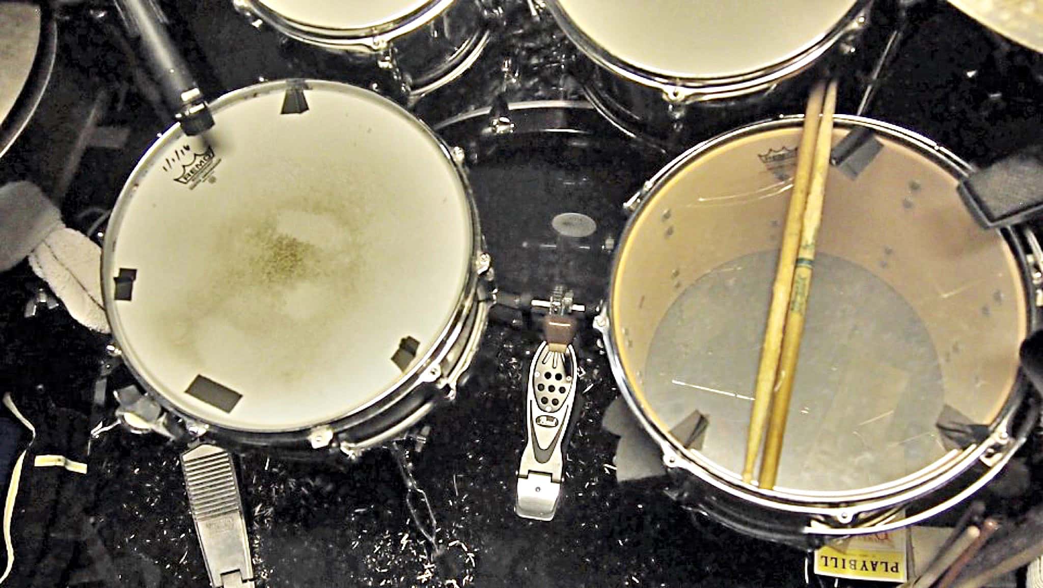 Perry Cavari's drum set setup for the Broadway production of Something Rotten at the St James Theatre.